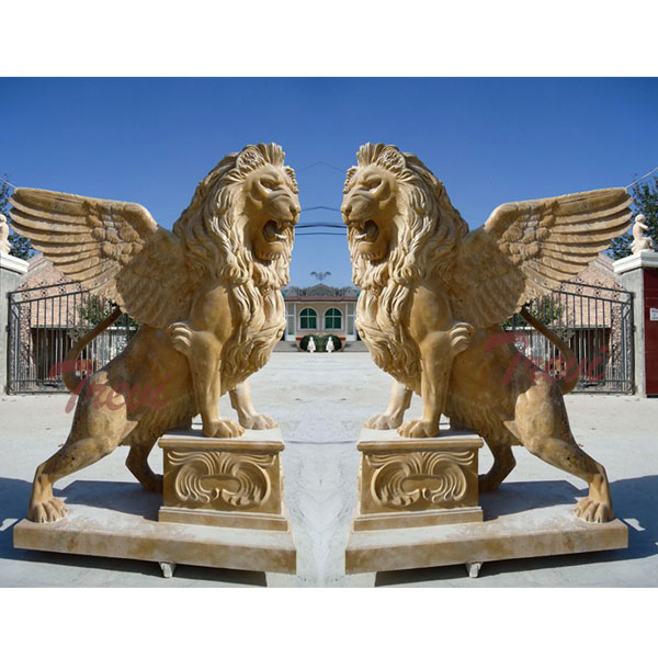 Rampant Lion Stone Lawn Statues in Front of House